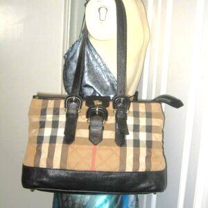 ❤️BURBERRY Quilted Diamond Nova Check Twill & Leather Shopper Bag Tote Purse